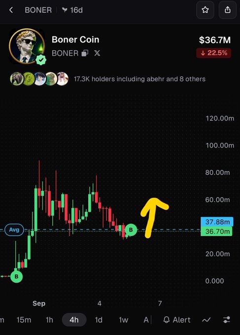 A cryptocurrency price chart for 'Boner Coin' ($BONER) showing a market cap of $36.7M and a 22.5% decrease, with an orange arrow drawn pointing upward from a recent price low.
