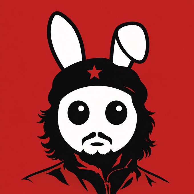 A minimalist black-and-white stylized illustration of a figure with bunny ears and a beard, wearing a hat with a red star, set against a bold red background.