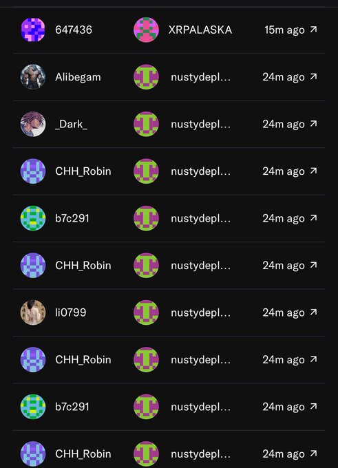 A Roblox trade history log shows multiple accounts (CHH_Robin, b7c291, li0799, _Dark_, Alibegam) all receiving items from "nustydepl..." within the past 24 hours, suggesting one user is bulk-trading or "sweeping" items to various accounts, with 30 more trades reportedly still to go.
