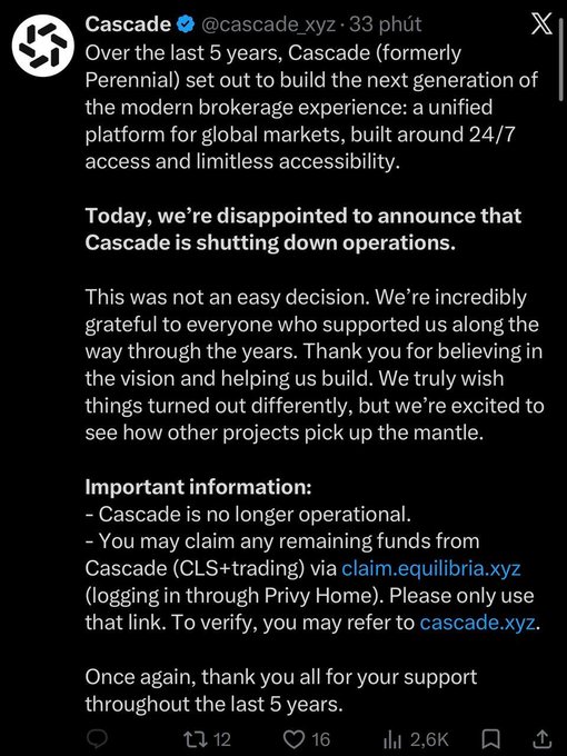A screenshot of a tweet from verified account @cascade_xyz announcing that Cascade (formerly Perennial) is shutting down operations after 5 years, with information about claiming remaining funds via claim.equilibria.xyz.