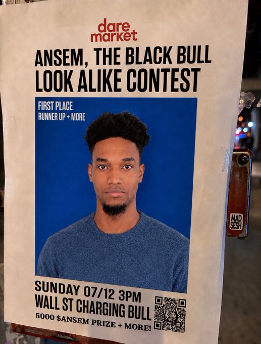 A flyer on a post advertises the "Ansem, The Black Bull Look Alike Contest" hosted by Dare Market on Sunday 07/12 at 3PM near the Wall St Charging Bull, featuring a $5,000 $ANSEM prize, details of which align with the post's announcement of the event.