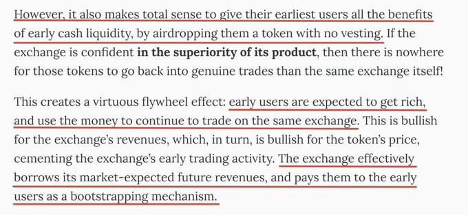 A text excerpt discusses the strategy of airdropping tokens with no vesting to early users, arguing that if confident in product superiority, tokens will return to the exchange, creating a virtuous flywheel effect where early users get rich and trade on the same exchange.