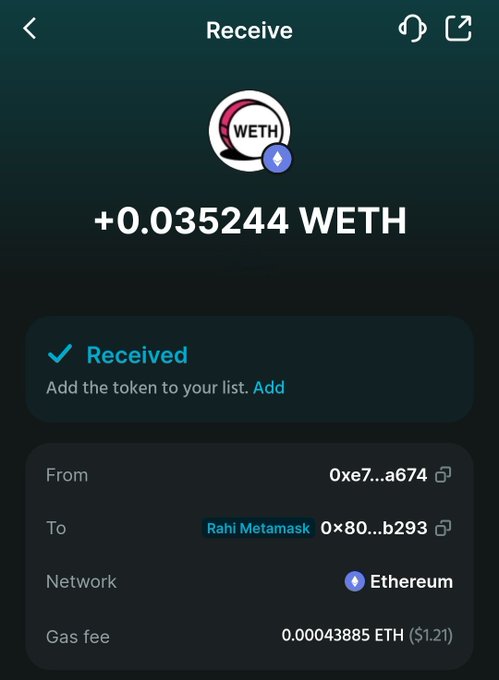 A cryptocurrency wallet receipt showing a successful transfer of +0.035244 WETH on the Ethereum network, received from address 0xe7...a674.