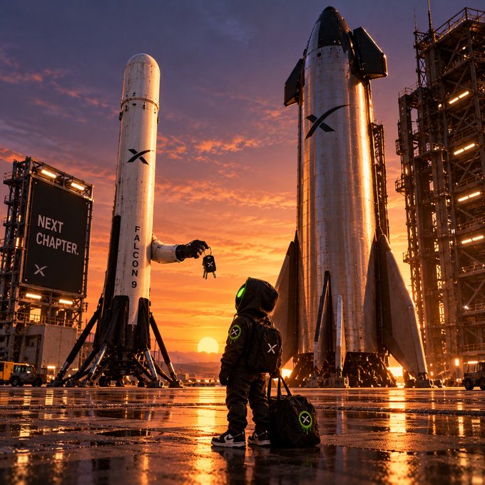 A child in a black hoodie with an 'X' logo stands before two SpaceX rockets at sunset, with a sign reading 'NEXT CHAPTER.'