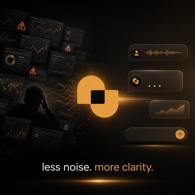 A promotional graphic with the tagline 'less noise. more clarity.' showing an orange logo against a dark background with a stressed person surrounded by trading dashboards on the left and clean chat/voice interfaces on the right.