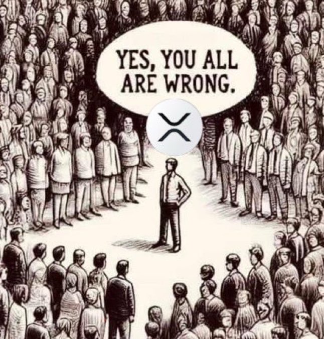 A black and white illustration of a man standing in a crowd of people, with a speech bubble saying 'YES, YOU ALL ARE WRONG.' next to a cryptocurrency logo.