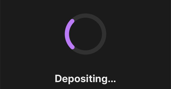 A dark loading screen displays a purple circular progress indicator above the text 'Depositing...' on a black background.