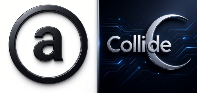 Two logos shown side by side: a black circular 'a' logo on white and a stylized 'Collide' logo with a large 'C' on a dark blue tech-themed background.
