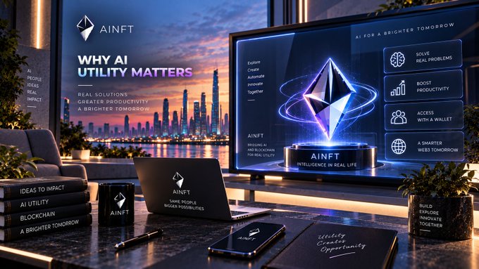 A promotional graphic for 'AINFT' with the tagline 'WHY AI UTILITY MATTERS' shows a workspace with a laptop, Ethereum logo trophy, and city skyline, highlighting benefits like 'SOLVE REAL PROBLEMS' and 'BOOST PRODUCTIVITY'.