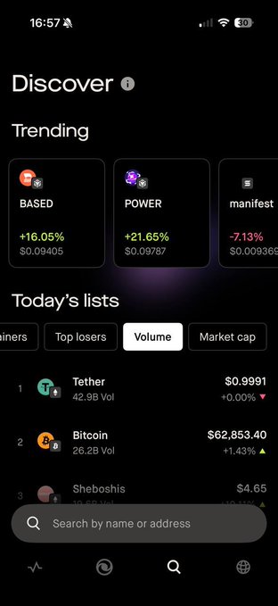 The image shows the Discover page of the Robinhood Crypto app, displaying "$BASED" as a trending cryptocurrency with a +16.05% gain priced at $0.09405, alongside other trending coins like POWER (+21.65%) and manifest (-7.13%), supporting the post's claim of seeing $BASED trending on the app.