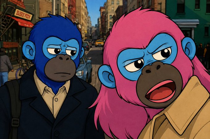 An animated cartoon depicting two blue monkeys, one with a pink mane, standing together with annoyed expressions on a city street.