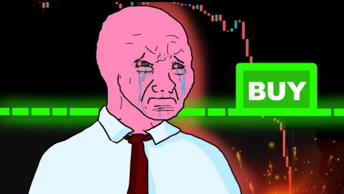 An illustration of a pink-skinned, crying Wojak character in a white shirt and red tie, set against a red trading chart with a green dashed line and a prominent green 'BUY' button, symbolizing emotional investing.