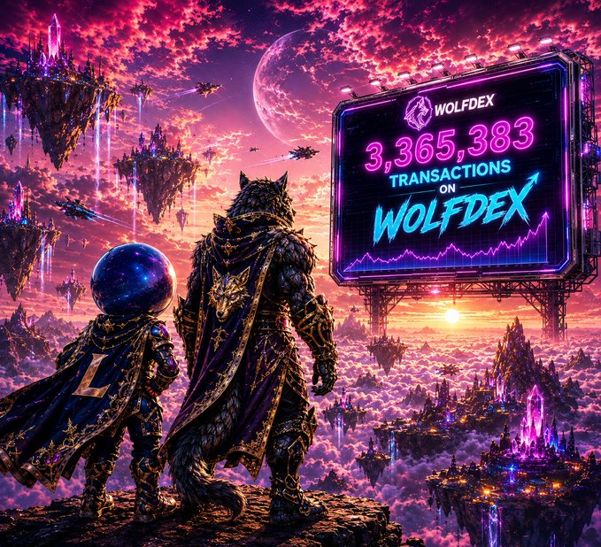 A fantasy digital artwork showing a wolf-headed warrior and a figure with a starry helmet overlooking floating islands, with a billboard displaying 'WOLFDEX 3,365,383 TRANSACTIONS ON WOLFDEX'.