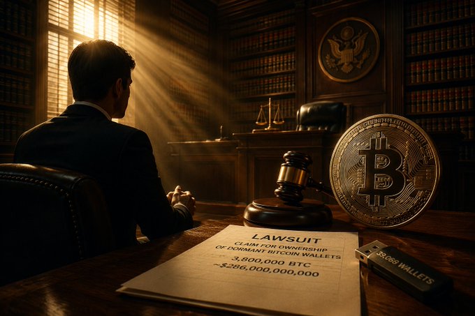 The image features a man sitting at a desk with a large Bitcoin coin placed next to him. The man appears to be dressed in a suit, suggesting a professional setting such as an office or law firm. On top of the desk, there is a book titled "Lawsuit De Morgan's Bankruptcy Trusts" and another book that says "39,069 dormant Bitcoin wallets holding around 3.8 million BTC". The man seems to be reading from one of these books while sitting at his desk.