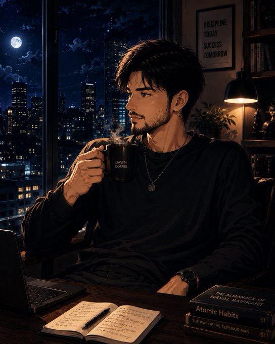 The image features a man sitting at a desk with a laptop open in front of him. He has a cup of coffee next to his computer monitor, suggesting that he might be working late or enjoying some leisure time while staying connected online. The caption reads "GN Everyone Before calling it a day, I spent some time exploring what @useTria is building and one thing keeps standing out: The future of crypto isn'...", which implies the man's interest in cryptocurrency and its potential impact on the future.