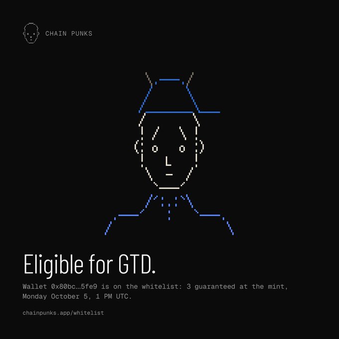 A promotional graphic for Chain Punks NFT displays a pixel art portrait and reads 'Eligible for GTD. Wallet 0x80bc…5fe9 is on the whitelist: 3 guaranteed at the mint, Monday October 5, 1 PM UTC. chainpunks.app/whitelist'.