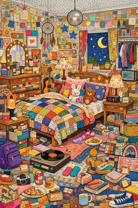 A detailed, colorful illustration of a cluttered, cozy bedroom filled with patchwork bedding, stuffed animals, a record player, and various knick-knacks.