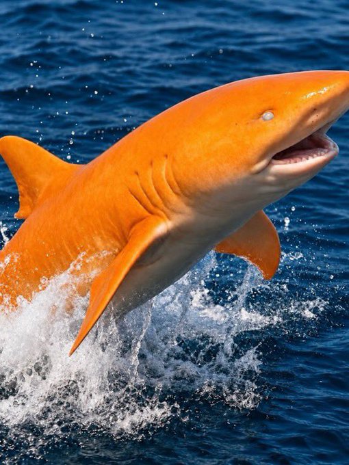 An orange shark bursts dynamically from deep blue ocean waters, its vivid color creating a striking and surreal contrast against the sea. The unusual hue playfully mirrors the post's joke comparing the rare shark sighting to a confirmed Bitcoin bull market—suggesting that an orange "Bitcoin shark" has resurfaced off Costa Rica, signaling crypto optimism.