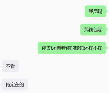 A screenshot of a chat conversation in Chinese discussing the disappearance of a cryptocurrency wallet on Binance. The user asks "我尼玛" (What the hell), "我钱包呢" (Where is my wallet), "你去bn看看你的钱包还在不在" (Go check if your wallet is still on Binance), to which the friend replies "不着" (Not there) and "肯定在的" (Definitely there). This relates to the post about a mysterious disappearance of Binance wallets, where despite wallets appearing to be deleted, they still occupy the 20-wallet limit, requiring re-importing via recovery phrases.