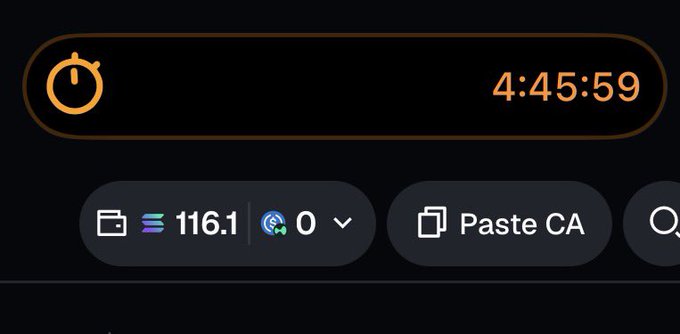 A dark UI element displays a timer reading '4:45:59' in orange, with cryptocurrency balances showing '116.1 SOL' and '0' ETH alongside a 'Paste CA' button.