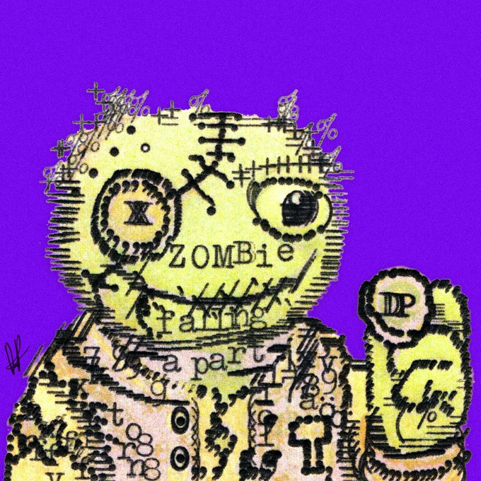 A grungy, textured illustration of a yellow zombie-like character on a vibrant purple background, covered in scribbled text including the words 'ZOMBIE' and 'eating a part'.