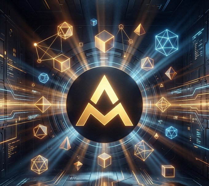 A futuristic digital graphic features a golden "M" logo at the center, surrounded by floating geometric shapes, circuit-like patterns, and radiant light beams in orange and blue tones, symbolizing complex trading systems. This visual aligns with the post by @MyAlgoTech, which promotes a streamlined, all-in-one trading platform that simplifies decision-making by consolidating indicators, alerts, automation, and backtesting into a single, organized setup.