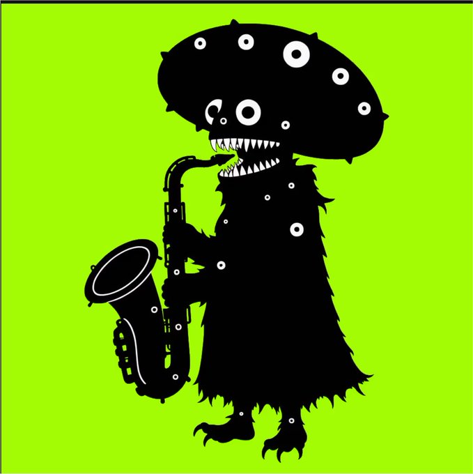 A black silhouette illustration of a multi-eyed, sharp-toothed monster playing a saxophone against a bright green background.
