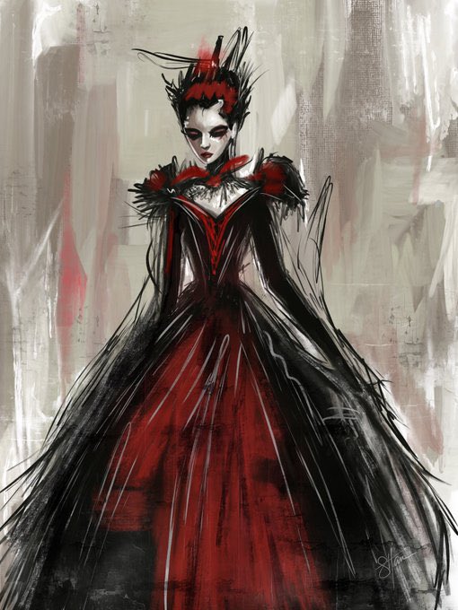 The image features a woman wearing an elaborate red dress with black accents, standing against a beige background. The woman appears to be dressed for a special occasion or event, possibly a ball or gala. The painting style suggests that it could be a digital art piece created by someone named @IMCollectibles_1.5 XRP Ends in 3 days.