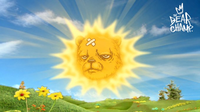 A stylized image of a sun with a grumpy, dog-like face and a bandage on its forehead, set against a blue sky with clouds and a green grassy field with flowers, with 'THE BEAR CHAMP' logo in the corner.
