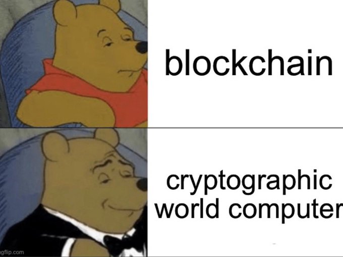 Tuxedo Winnie the Pooh meme comparing 'blockchain' (regular Pooh) to 'cryptographic world computer' (sophisticated Pooh in a tuxedo).