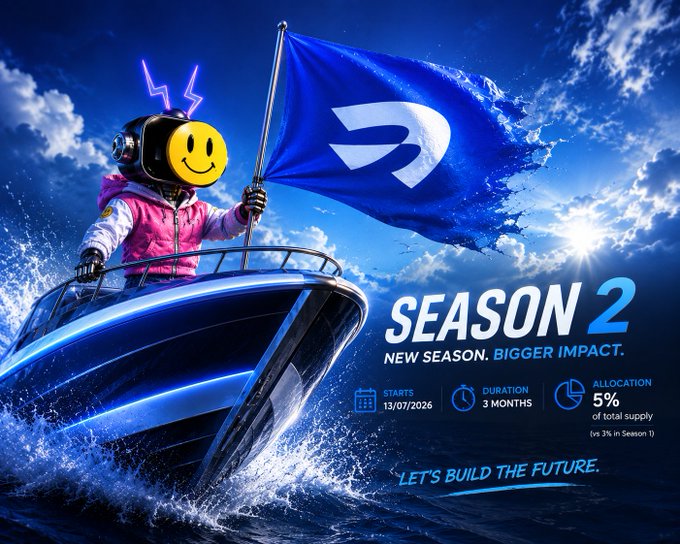 A promotional graphic for 'SEASON 2' featuring a character in a pink jacket holding a blue flag with a white logo on a boat, with details: 'STARTS 13/07/2025', 'DURATION 3 MONTHS', 'ALLOCATION 5% of total supply (vs 3% in Season 1)', and tagline 'LET'S BUILD THE FUTURE.'