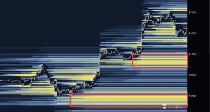 A stacked financial chart visualization showing price movements with two highlighted horizontal zones marked by red rectangles at approximately the 75,000 and 81,000 price levels.
