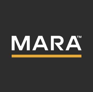 The MARA logo is displayed in white text with an orange underline on a black background, representing the Bitcoin mining company that pledged 18,750 BTC as collateral for $600 million in loans from Coinbase Credit and Two Prime.