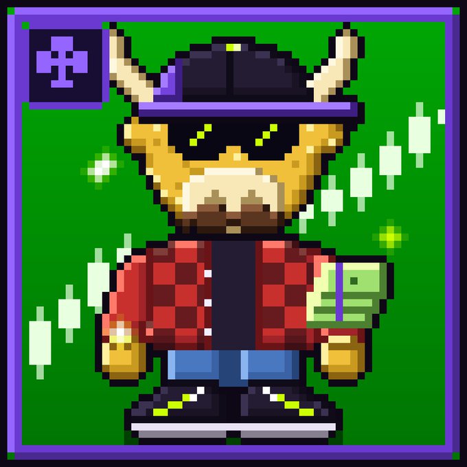 A pixel art character with horns, sunglasses, a cap, and a red checkered jacket stands against a green background with candlestick chart elements.