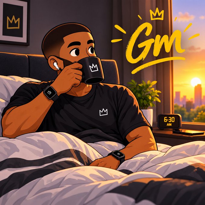 A cartoon illustration of a man in bed drinking from a black mug with a crown logo, with the text 'Gm' next to a sunrise and a clock showing 6:30 AM.