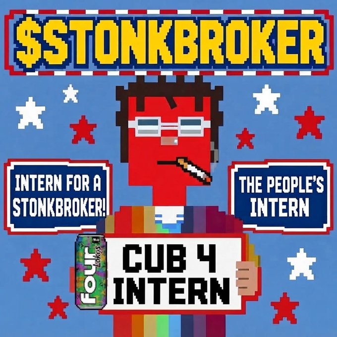 A pixel art image features a red-faced character wearing glasses and a tie, surrounded by patriotic American graphics and text reading "$STONKBROKER," "INTERN FOR A STONKBROKER!," "THE PEOPLE'S INTERN," "CUB 4 INTERN," and "LOUD LOKUS."