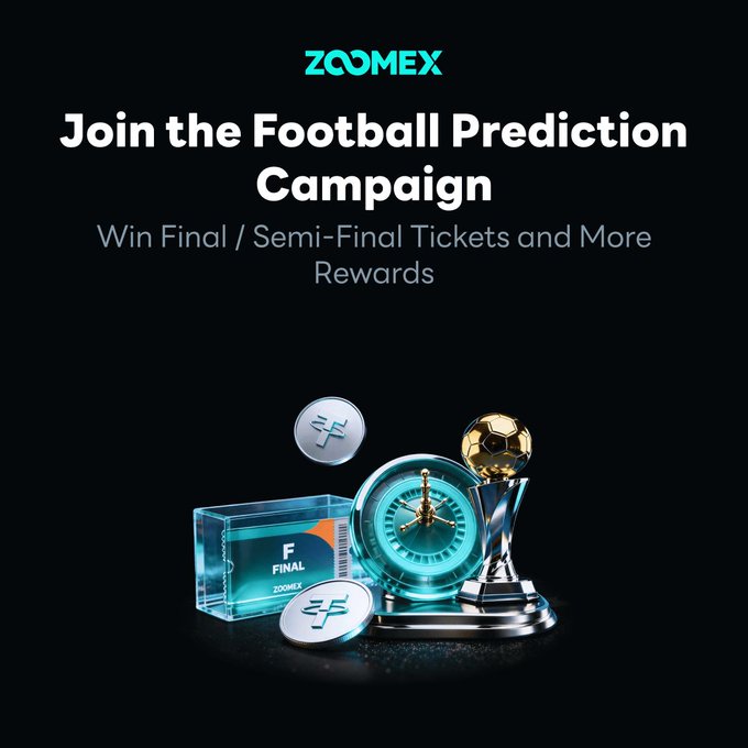 Promotional banner for ZOOMEX's Football Prediction Campaign, featuring the text "Join the Football Prediction Campaign – Win Final / Semi-Final Tickets and More Rewards" above an image of a golden trophy, a glowing blue clock, a "FINAL" match ticket, and two ZOOMEX-branded coins.