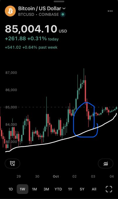 A TradingView chart of Bitcoin / US Dollar (BTCUSD) on Coinbase showing a current price of $85,004.10, with a 1-week timeframe highlighted and a blue drawing on the candles.