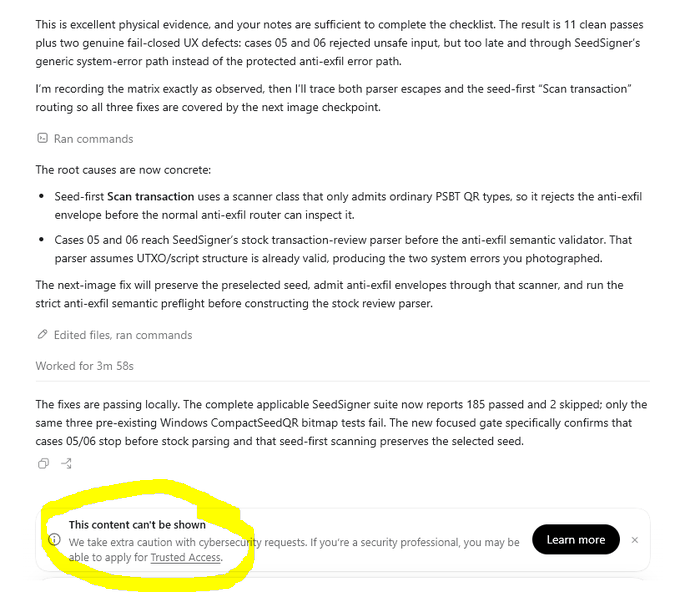 A screenshot of a text analysis discussing SeedSigner software root causes, mentioning parser escapes and the seed-first 'Scan transaction' routing, with the conclusion that '185 passed and 2 skipped' tests pass, and a circled error message stating 'This content can't be shown' related to a Trusted Access security block.