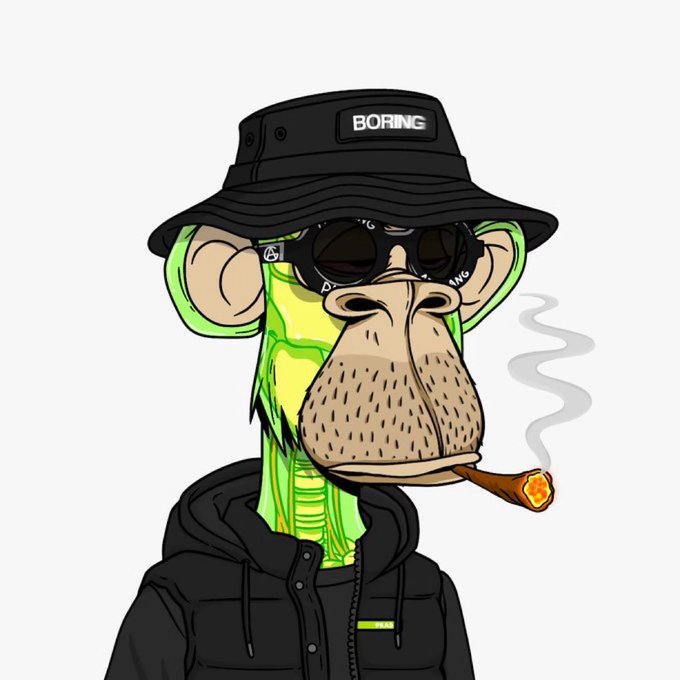 A cartoon illustration of a green character with a monkey-like muzzle, wearing a black bucket hat labeled 'BORING', sunglasses, and a puffer jacket, while smoking a cigar with smoke curling upward.