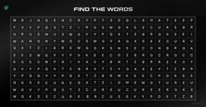 A word search puzzle titled "FIND THE WORDS" displays a grid of letters containing hidden privacy-related terms such as "SECURE," "PRIVACY," "CRYPTO," and "USW" (likely short for "Unsecured WebSocket"). The challenge invites viewers to locate all the words related to privacy within the letter grid.