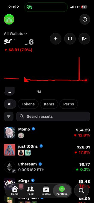 A crypto portfolio screenshot showing a 7.91% loss of $8.91 with a prominent red spike visible on the chart, displaying holdings like "Momo" (down 12.8% at $54.29), "just t00ns" (down 17.8% at $26.01), and Ethereum (0.005182 ETH at $9.77) — illustrating the confusion about what caused the sudden spike and dip referenced in the post.