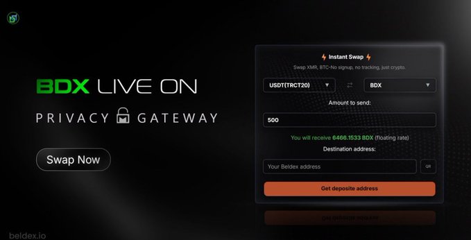 A dark promotional graphic for Beldex's 'BDX LIVE ON' Privacy Gateway, featuring an 'Instant Swap' interface to exchange USDT(TRC20) for BDX at beldex.io.
