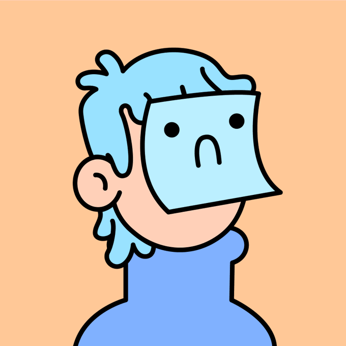 A cartoon illustration of a person with light blue hair wearing a blue shirt, their face covered by a light blue frowning mask with simple black dot eyes.