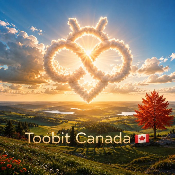 A scenic landscape features a heart-shaped cloud formation over green hills, with the text 'Toobit Canada' and a Canadian flag at the bottom.