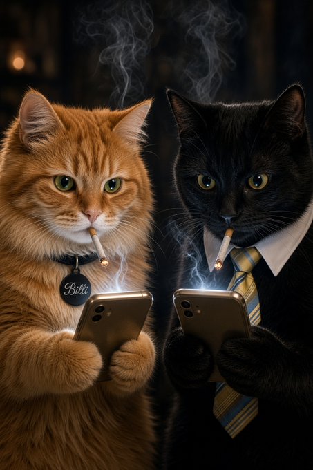 A whimsical AI-generated image shows an orange tabby cat labeled 'Billi' and a black cat in a tie, both smoking cigarettes while looking at smartphones.