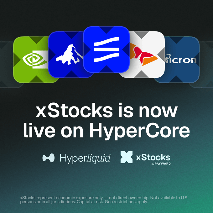 A promotional graphic stating 'xStocks is now live on HyperCore', featuring logos for NVIDIA, Riot, XRP, Coinbase, and Micron alongside the Hyperliquid and xStocks (by Payward) branding.