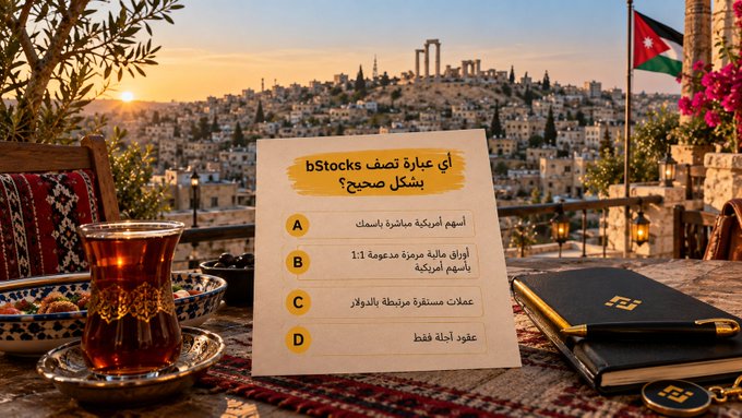The image shows a quiz card titled "أي عبارة تصف bStocks بشكل صحيح؟" (Which statement correctly describes bStocks?) with four answer choices (A-D) in Arabic, set against a scenic Jordanian sunset backdrop featuring a city view, Jordanian flag, traditional tea glass, and decorative items. The post relates to the image as it presents a Monday Challenge quiz about bStocks, asking followers to identify the correct description from the four options shown to win a share of 150 USDC among 5 winners.