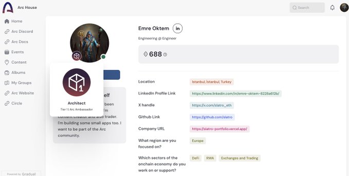 The image displays a screenshot of an architect's LinkedIn page with various elements such as text, pictures, badges, and icons. The focus of the post is centered around the architect receiving their role badge from the Arc House community portal, celebrating the completion of testing, posting, contributing, and pushing the new "Architect 1" role in the project. The background color of the image is light brown, providing a neutral backdrop that allows the attention to be drawn towards the important content displayed on the architect's profile page.