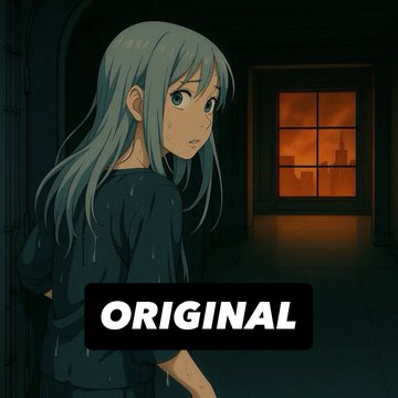 Anime-style illustration labeled 'ORIGINAL' showing a long-haired girl in a dark teal outfit looking back, with an orange-lit window visible in the background.